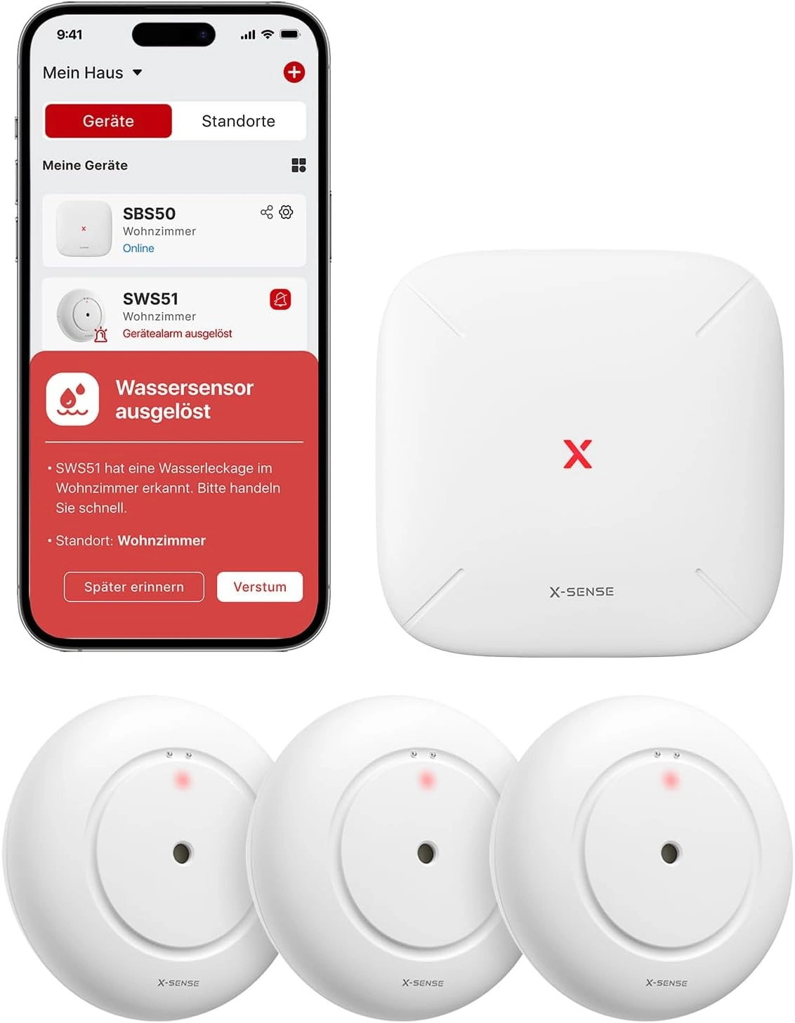 X-Sense SWS54 Wassermelder-Set – 3 Sensoren mit Basisstation